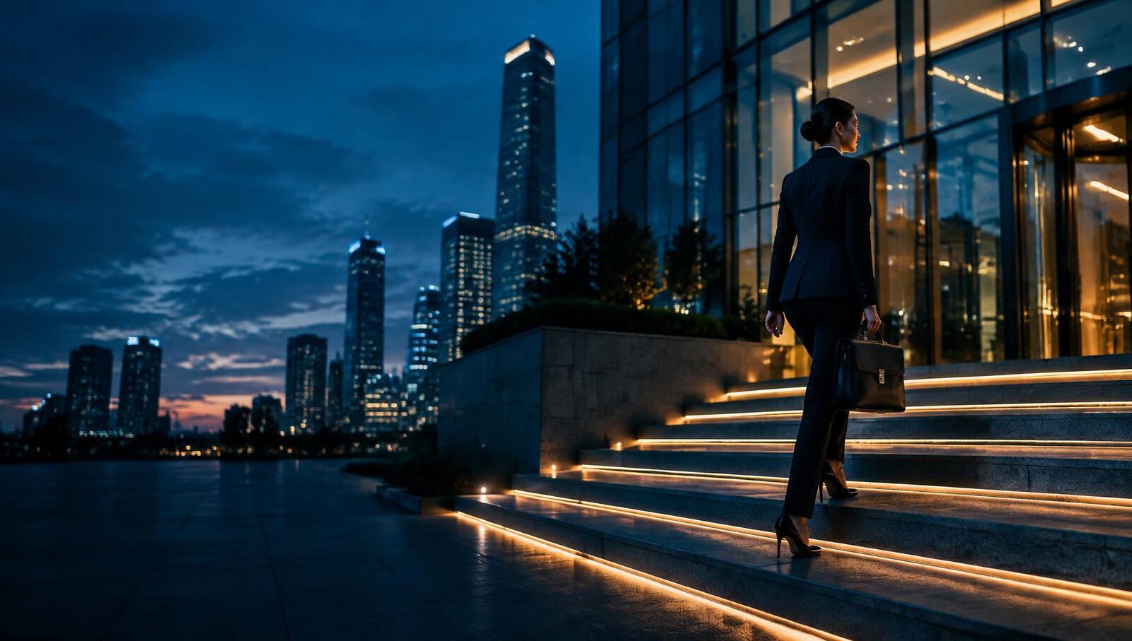 Professional ascending illuminated steps toward a modern office at dusk